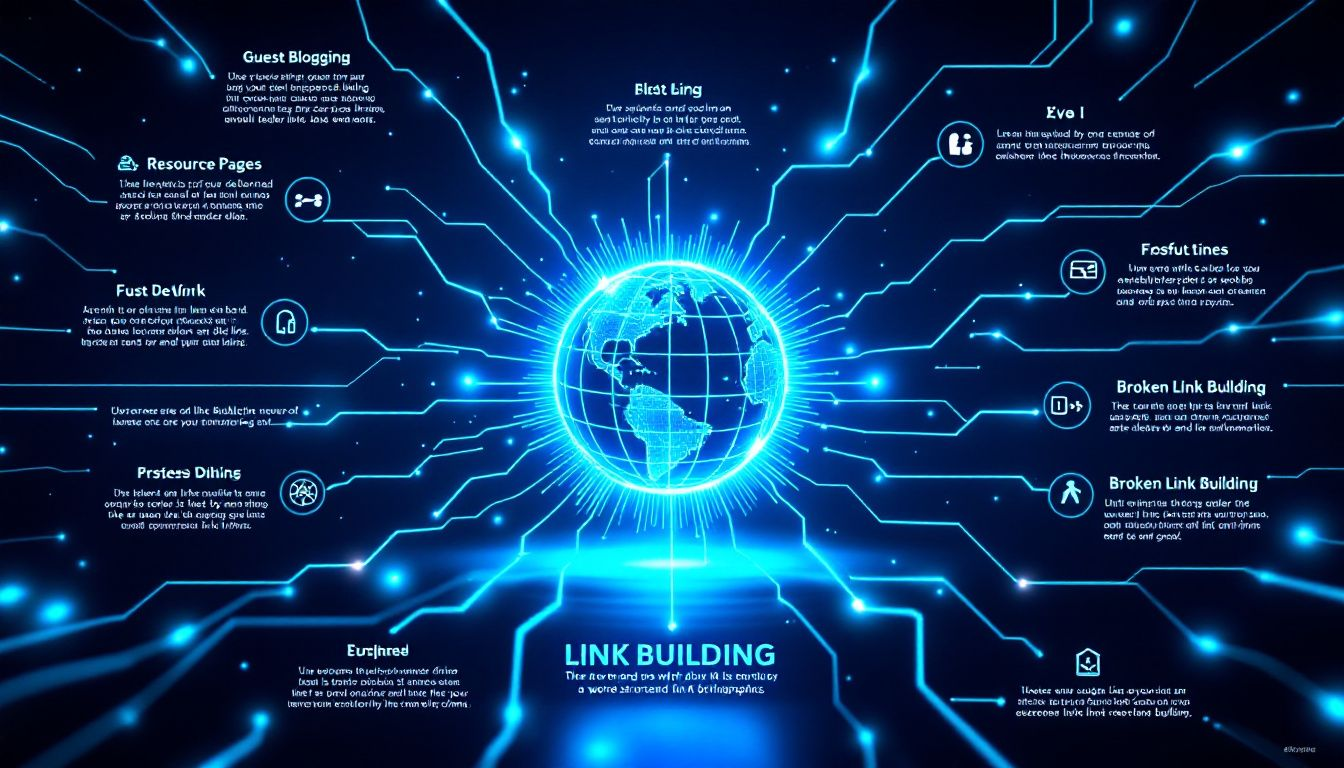 An infographic illustrating link building strategies and their importance in SEO.